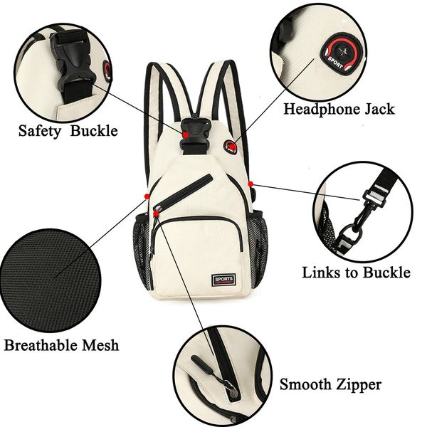 Crossbody Sling Backpacks Sling Bag for Men Women Hiking Daypack with Earphone Hole Travel Daypack Color White