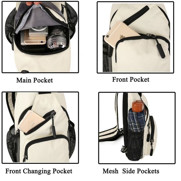 Crossbody Sling Backpacks Sling Bag for Men Women Hiking Daypack with Earphone Hole Travel Daypack Color White