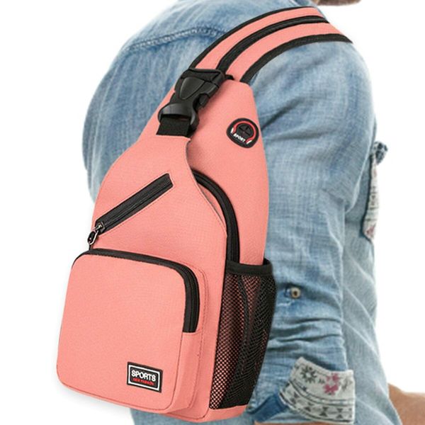 Crossbody Sling Backpacks Sling Bag for Men Women Hiking Daypack with Earphone Hole Travel Daypack Color Pink