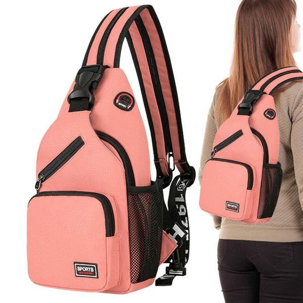 Crossbody Sling Backpacks Sling Bag for Men Women Hiking Daypack with Earphone Hole Travel Daypack Color Pink