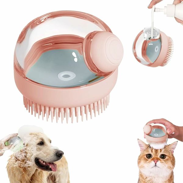 2 PCS Gry And Pink Pet Dog Grooming Massage Shampoo Bath Brush with Soap and Shampoo Dispenser Soft Silicone Bristle for Long Short Haired Shower