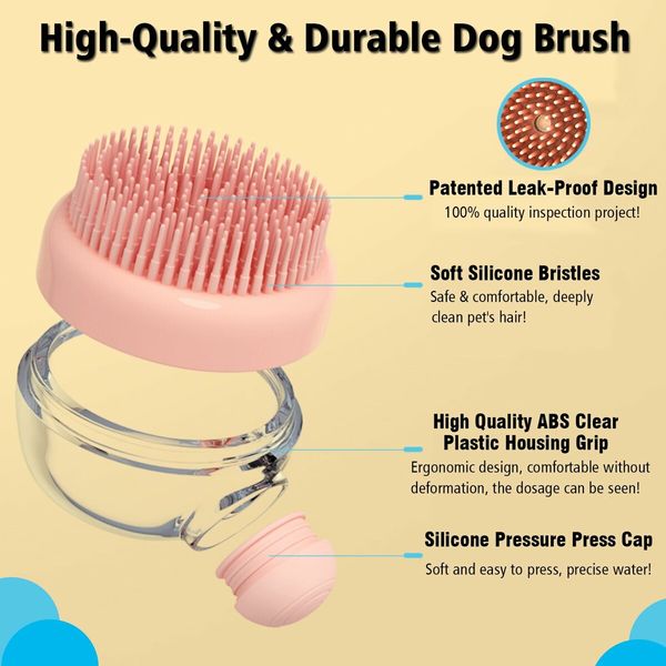 2 PCS Gry And Pink Pet Dog Grooming Massage Shampoo Bath Brush with Soap and Shampoo Dispenser Soft Silicone Bristle for Long Short Haired Shower