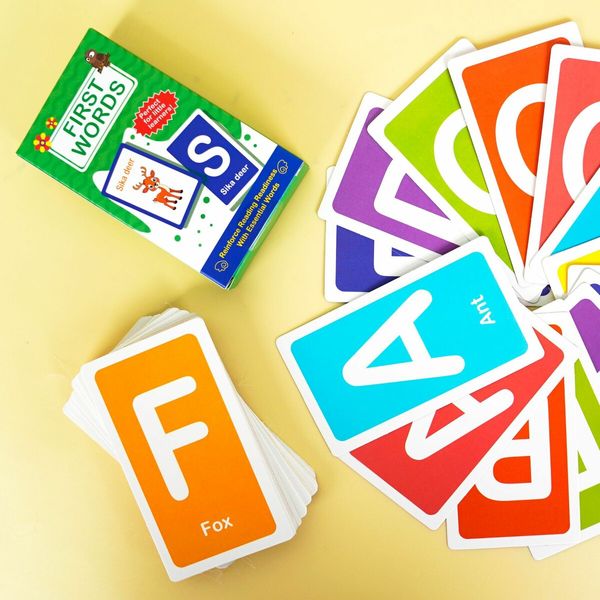 54 PCS First Word Flashcards Double Sided Learning Cards Alphabet Foods Animals Shapes Colors Vehicle Learning Tool for Pre-K Kindergarten Toddlers