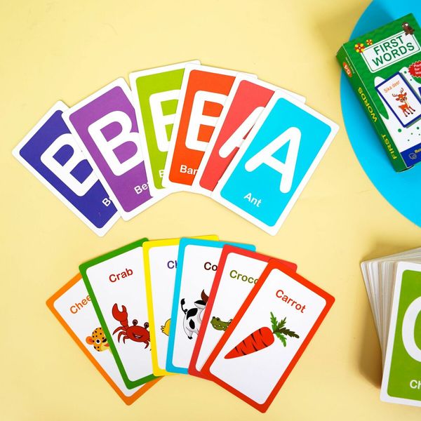 54 PCS First Word Flashcards Double Sided Learning Cards Alphabet Foods Animals Shapes Colors Vehicle Learning Tool for Pre-K Kindergarten Toddlers