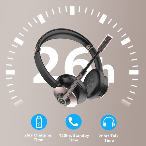 Bluetooth Headset with Microphone Wireless Noise Cancelling Headphone with USB Dongle Mute Button 26 Hours Talk Time for PC Office Zoom Skype in Rose Gold