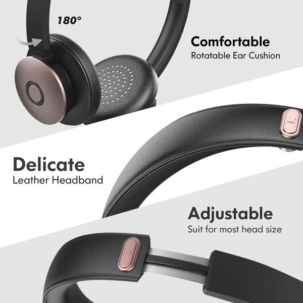 Bluetooth Headset with Microphone Wireless Noise Cancelling Headphone with USB Dongle Mute Button 26 Hours Talk Time for PC Office Zoom Skype in Rose Gold