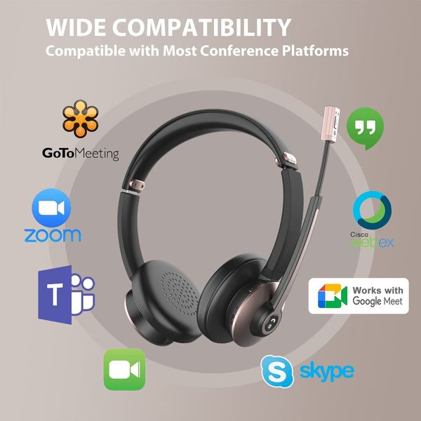 Bluetooth Headset with Microphone Wireless Noise Cancelling Headphone with USB Dongle Mute Button 26 Hours Talk Time for PC Office Zoom Skype in Rose Gold