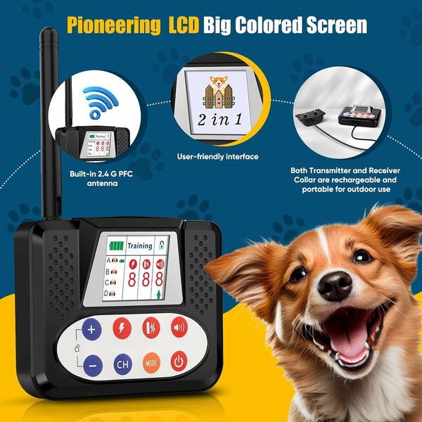 Wireless Dog Fence System, 2 in 1 Electric Fence and Training Collar with Big LCD Screen Portable Wireless Pet Fence, Signal Penetrating Walls, Waterproof and Adjustable Dog Perimeter Fence for 2 Dogs