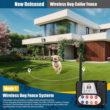 Wireless Dog Fence System, 2 in 1 Electric Fence and Training Collar with Big LCD Screen Portable Wireless Pet Fence, Signal Penetrating Walls, Waterproof and Adjustable Dog Perimeter Fence for 2 Dogs