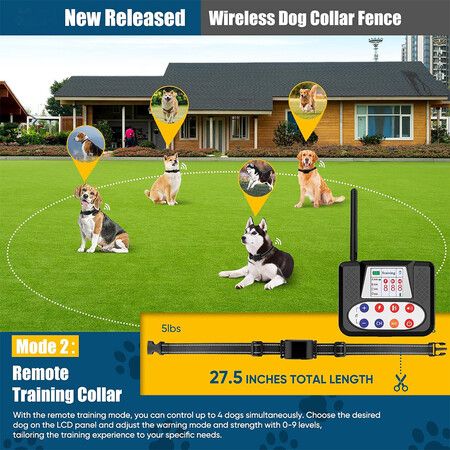 Wireless Dog Fence System, 2 in 1 Electric Fence and Training Collar with Big LCD Screen Portable Wireless Pet Fence, Signal Penetrating Walls, Waterproof and Adjustable Dog Perimeter Fence for 2 Dogs