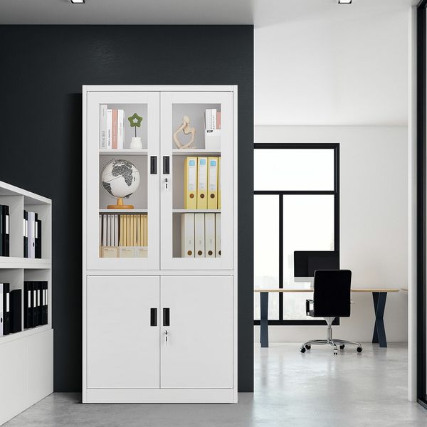 Steel Filing Cabinet Locker Office File Storage Shelves Lockable Cupboard Garage Organiser Tempered Glass 185x90x40cm