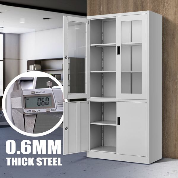 Steel Filing Cabinet Locker Office File Storage Shelves Lockable Cupboard Garage Organiser Tempered Glass 185x90x40cm