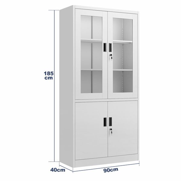 Steel Filing Cabinet Locker Office File Storage Shelves Lockable Cupboard Garage Organiser Tempered Glass 185x90x40cm