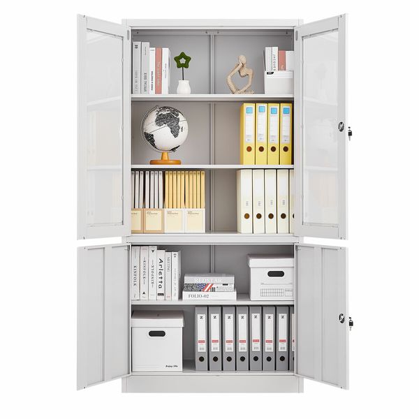 Steel Filing Cabinet Locker Office File Storage Shelves Lockable Cupboard Garage Organiser Tempered Glass 185x90x40cm