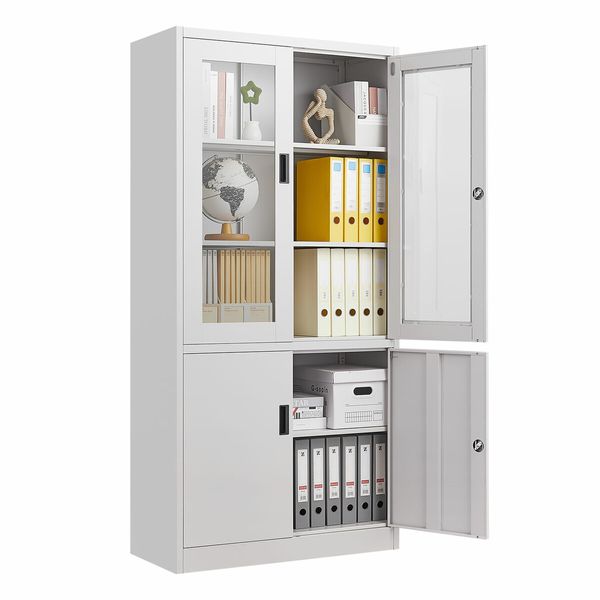 Steel Filing Cabinet Locker Office File Storage Shelves Lockable Cupboard Garage Organiser Tempered Glass 185x90x40cm