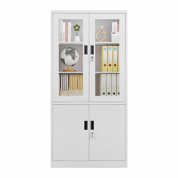 Steel Filing Cabinet Locker Office File Storage Shelves Lockable Cupboard Garage Organiser Tempered Glass 185x90x40cm