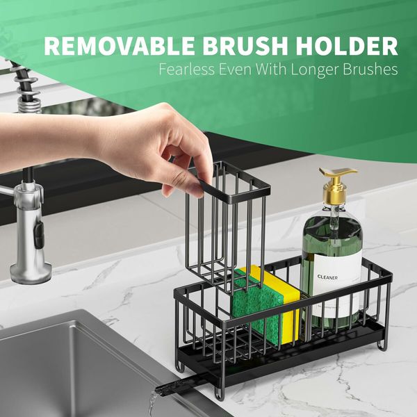 Sponge Holder for Kitchen Sink,Sink Caddy with High Brush Holder,Organzier Rustproof 304 Stainless Steel Dish Organizer Divider,Soap Dispenser Storage