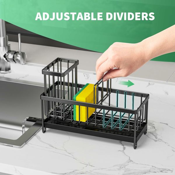 Sponge Holder for Kitchen Sink,Sink Caddy with High Brush Holder,Organzier Rustproof 304 Stainless Steel Dish Organizer Divider,Soap Dispenser Storage