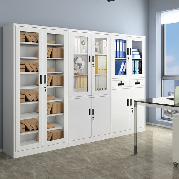 Steel Office Cabinet Filing Storage Shelf Lockable Tempered Glass Door Display Cupboard Rack Home Garage 185x90x40cm