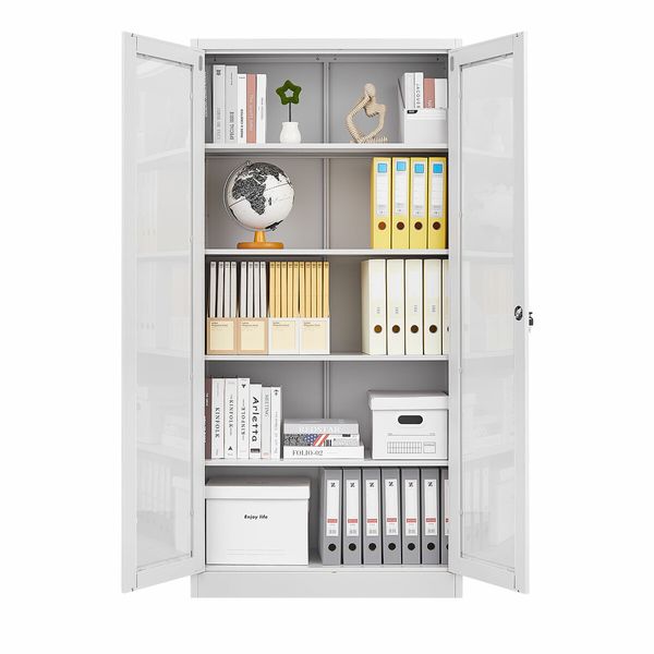 Steel Office Cabinet Filing Storage Shelf Lockable Tempered Glass Door Display Cupboard Rack Home Garage 185x90x40cm