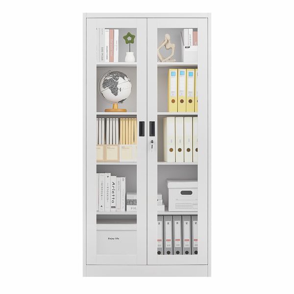 Steel Office Cabinet Filing Storage Shelf Lockable Tempered Glass Door Display Cupboard Rack Home Garage 185x90x40cm