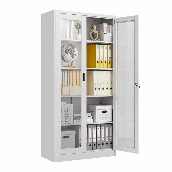 Steel Office Cabinet Filing Storage Shelf Lockable Tempered Glass Door Display Cupboard Rack Home Garage 185x90x40cm