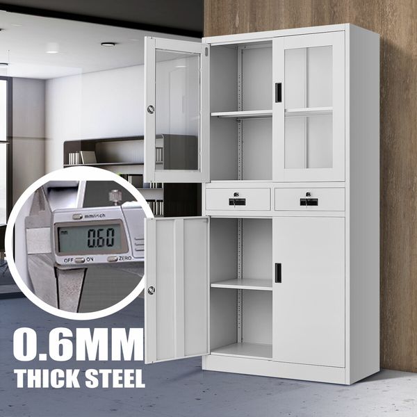 185cm Steel File Cabinet Lockable Drawer Filing Storage Shelves Cupboard Locker Stationary Tempered Glass Office Garage