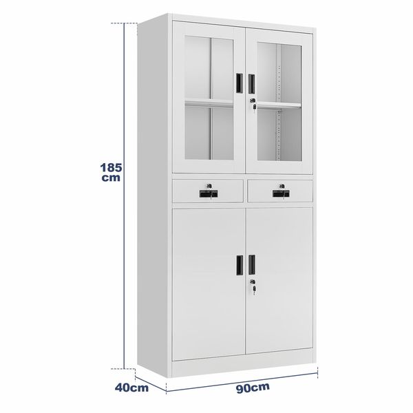 185cm Steel File Cabinet Lockable Drawer Filing Storage Shelves Cupboard Locker Stationary Tempered Glass Office Garage