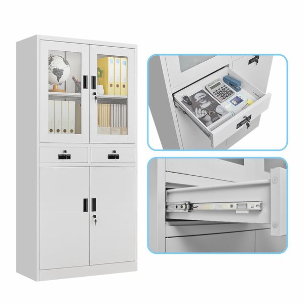 185cm Steel File Cabinet Lockable Drawer Filing Storage Shelves Cupboard Locker Stationary Tempered Glass Office Garage