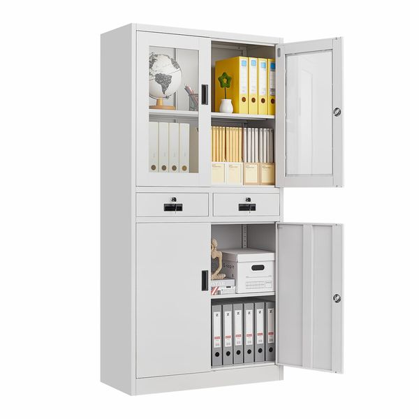 185cm Steel File Cabinet Lockable Drawer Filing Storage Shelves Cupboard Locker Stationary Tempered Glass Office Garage