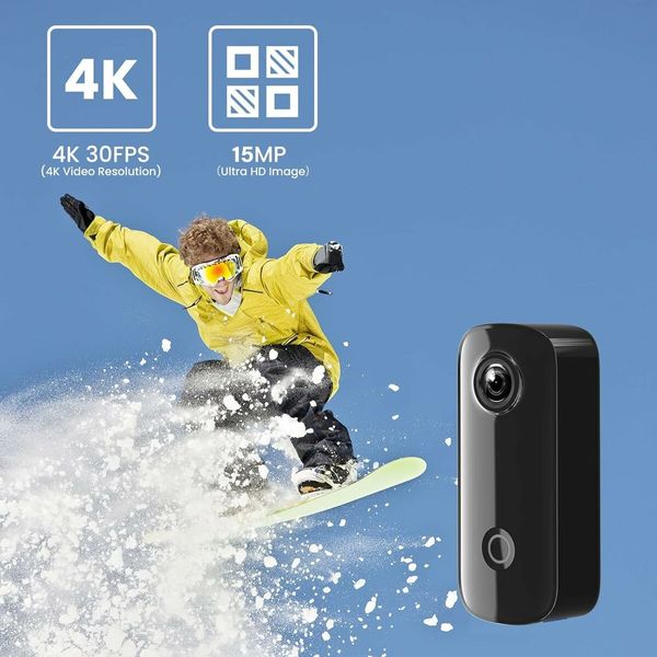 C100+ Mini WiFi Action Camera 4K30fps Pocket Wearable Camera, Magnetic App Control, Waterproof Helmet Camera with Mounting Kits