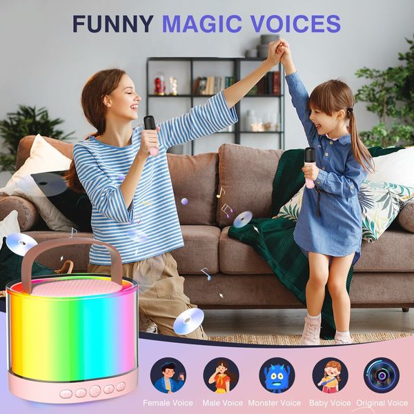 Karaoke Machine for Kids, Mini Portable Bluetooth Karaoke Speaker with 2 Wireless Mics & Light for Home Party(Pink)