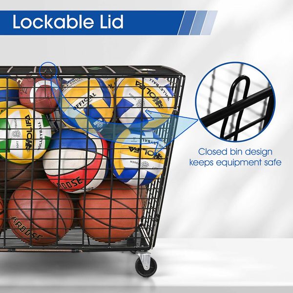 Large Sports Ball Storage Cart Lockable Bin Cage Sports Equipment Organiser Basketball Football Toys Holder Rack Garage Gym