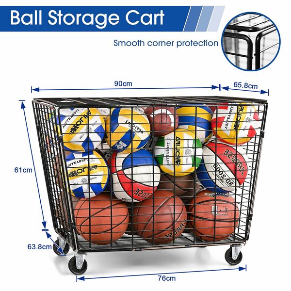 Large Sports Ball Storage Cart Lockable Bin Cage Sports Equipment Organiser Basketball Football Toys Holder Rack Garage Gym