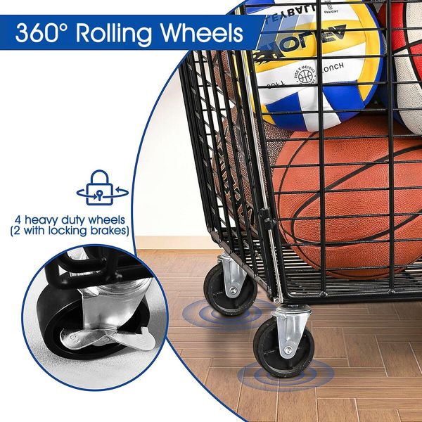 Large Sports Ball Storage Cart Lockable Bin Cage Sports Equipment Organiser Basketball Football Toys Holder Rack Garage Gym