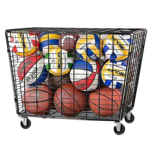 Large Sports Ball Storage Cart Lockable Bin Cage Sports Equipment Organiser Basketball Football Toys Holder Rack Garage Gym