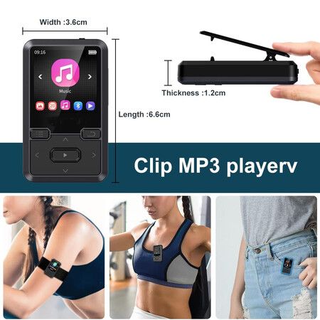 32GB Clip-On MP3 Player with Bluetooth 5.0, Mini Portable MP3 Player with FM Radio Recording, Kids Music MP3 Player with Pedometer MP3 and MP4 Player(Black)