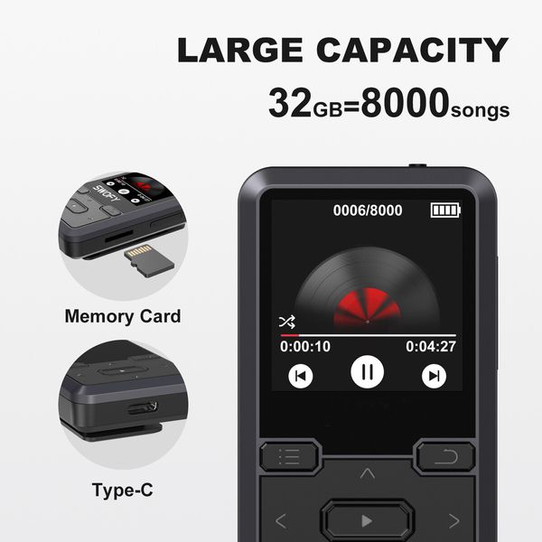 32GB Clip-On MP3 Player with Bluetooth 5.0, Mini Portable MP3 Player with FM Radio Recording, Kids Music MP3 Player with Pedometer MP3 and MP4 Player(Black)