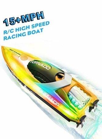 15+ MPH RC Boat LED Lights Fast RC Boat Toys Pool Lake Remote Control Speed Boat 2.4Ghz Race Boats Outdoor Pool Toys Green Water Sports col.Orange