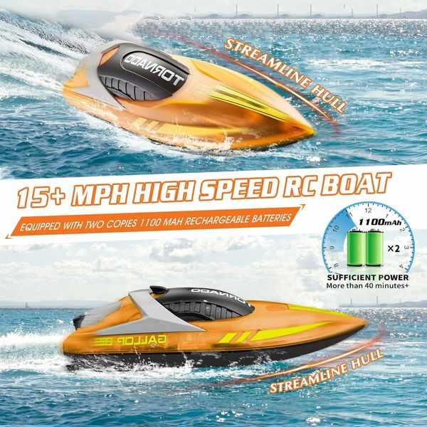 15+ MPH RC Boat LED Lights Fast RC Boat Toys Pool Lake Remote Control Speed Boat 2.4Ghz Race Boats Outdoor Pool Toys Green Water Sports col.Orange