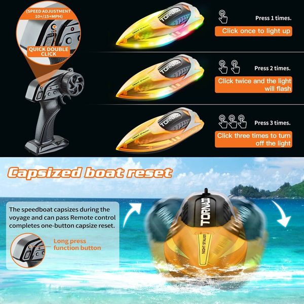 15+ MPH RC Boat LED Lights Fast RC Boat Toys Pool Lake Remote Control Speed Boat 2.4Ghz Race Boats Outdoor Pool Toys Green Water Sports col.Orange