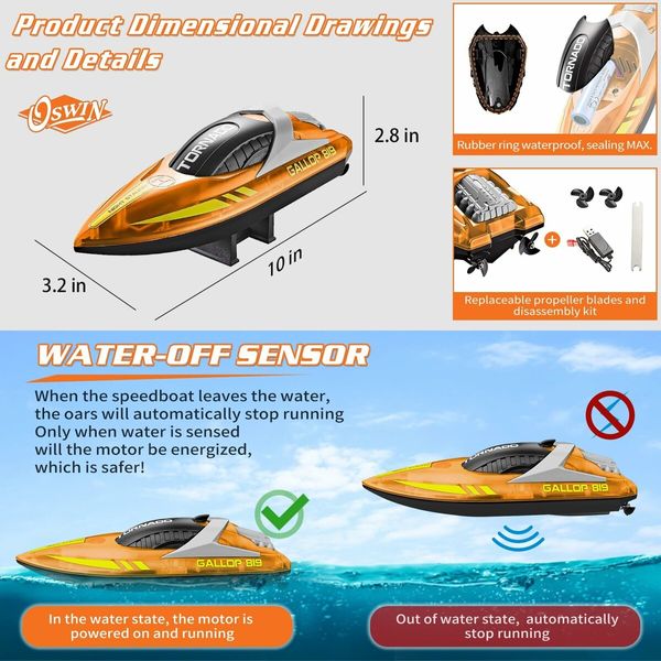 15+ MPH RC Boat LED Lights Fast RC Boat Toys Pool Lake Remote Control Speed Boat 2.4Ghz Race Boats Outdoor Pool Toys Green Water Sports col.Orange