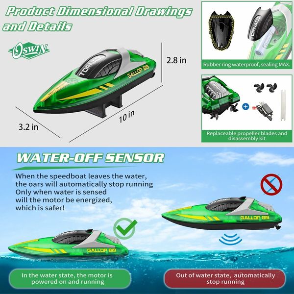 15+ MPH RC Boat LED Lights Fast RC Boat Toys Pool Lake Remote Control Speed Boat 2.4Ghz Race Boats Outdoor Pool Toys Green Water Sports col.Green