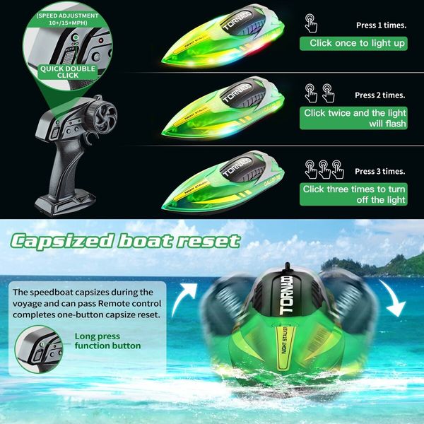 15+ MPH RC Boat LED Lights Fast RC Boat Toys Pool Lake Remote Control Speed Boat 2.4Ghz Race Boats Outdoor Pool Toys Green Water Sports col.Green