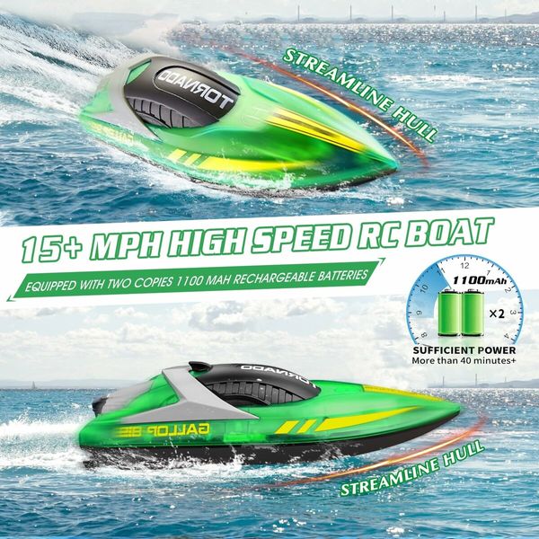 15+ MPH RC Boat LED Lights Fast RC Boat Toys Pool Lake Remote Control Speed Boat 2.4Ghz Race Boats Outdoor Pool Toys Green Water Sports col.Green