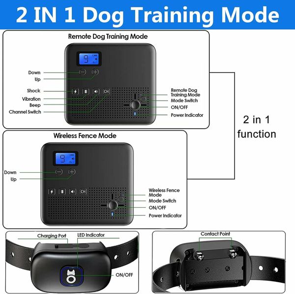 2 in 1 Wireless Dog Fence, Pet Electric Containment System, Waterproof Dog Training Collar with Remote Boundary,for 2 dog