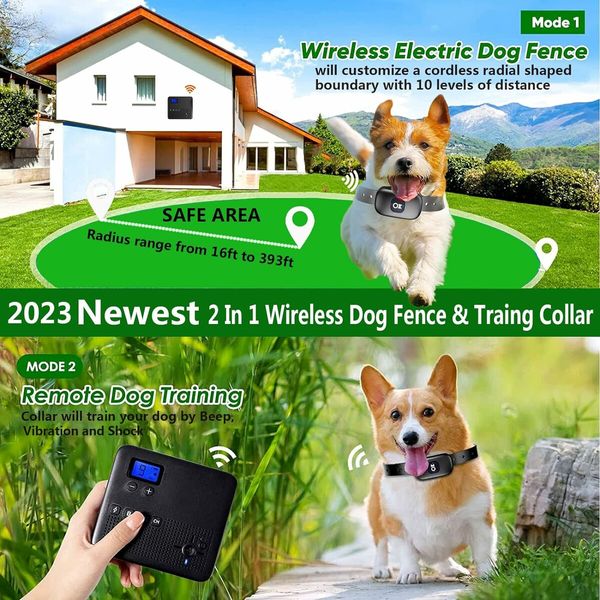 2 in 1 Wireless Dog Fence, Pet Electric Containment System, Waterproof Dog Training Collar with Remote Boundary,for 2 dog