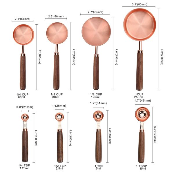 8 PCS Measuring Cups and Spoons Walnut Wood Handle with Metric and US Measurements Premium Stainless Steel Measuring Cup for Cooking and Baking