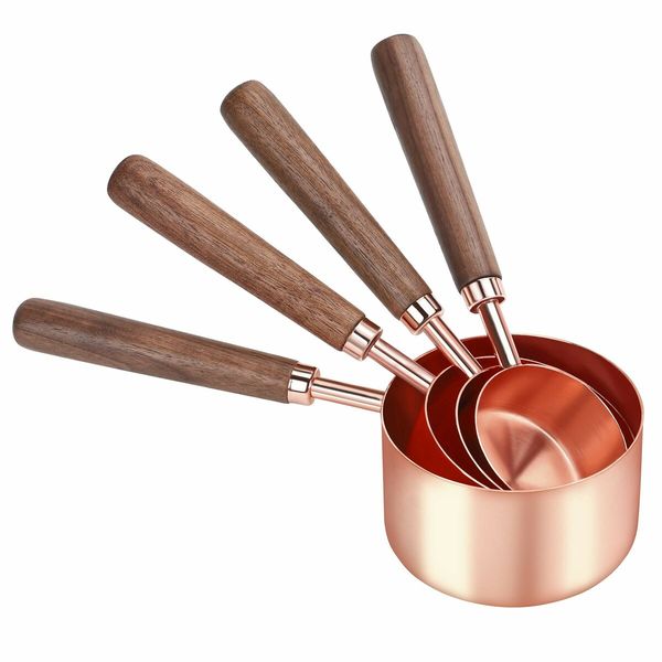 8 PCS Measuring Cups and Spoons Walnut Wood Handle with Metric and US Measurements Premium Stainless Steel Measuring Cup for Cooking and Baking