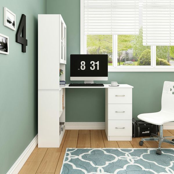 3in1 Computer Laptop Desk and Bookshelf Bookcase Study Table Office Writing Shelving Drawers Cabinets White